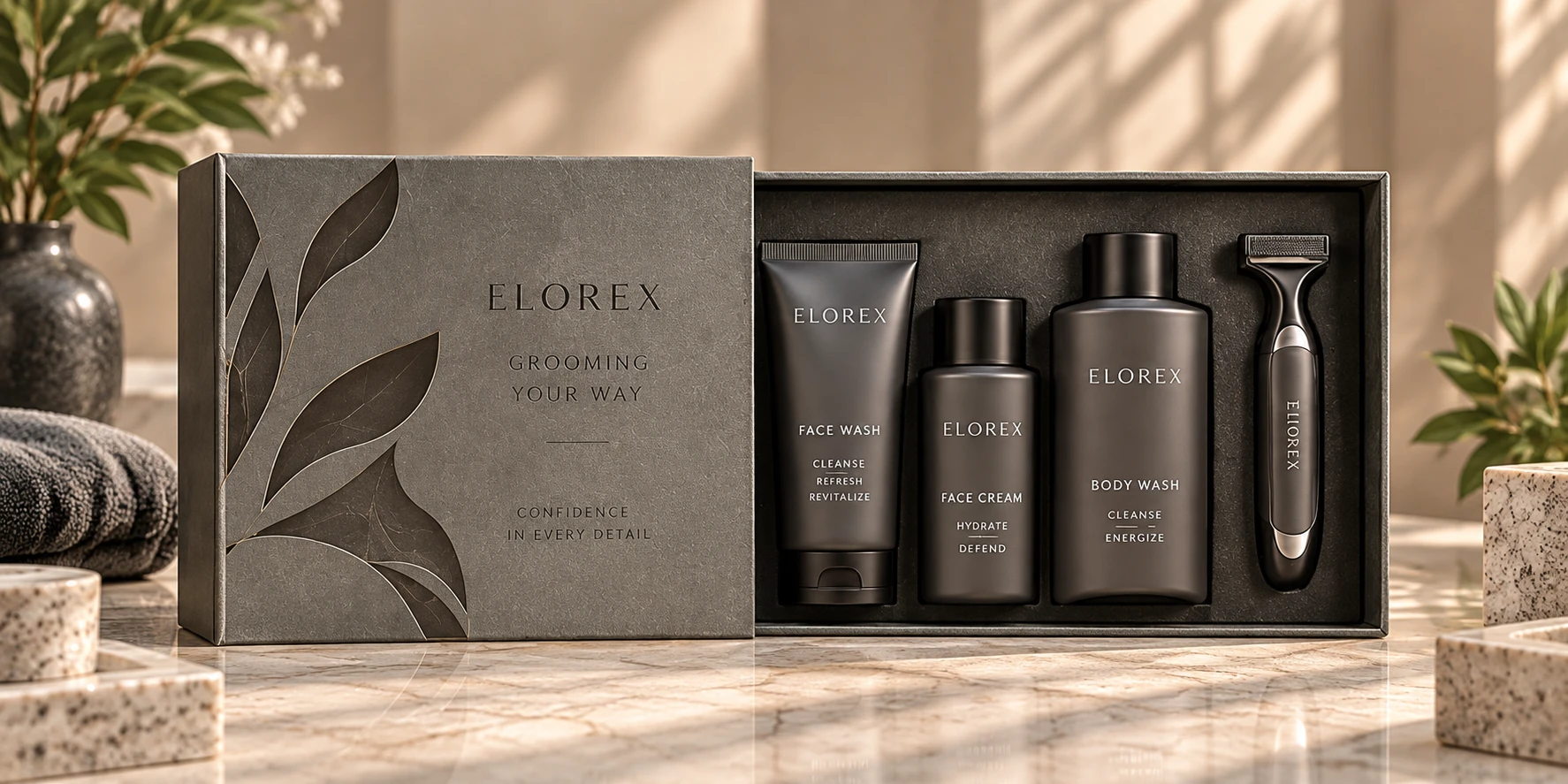 An Elorex Grooming Edit box open to reveal face wash, face cream, body wash and a grooming device