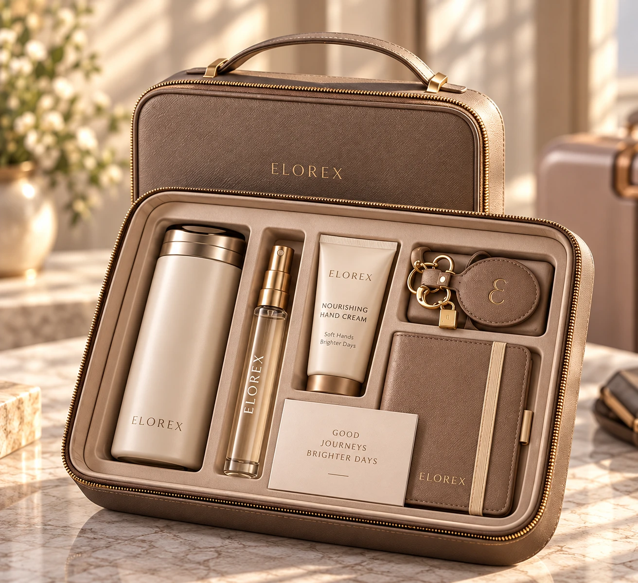An Elorex Signature travel case open to a tumbler, a fragrance atomizer, hand cream and a notebook, beside a keychain and a customizable card