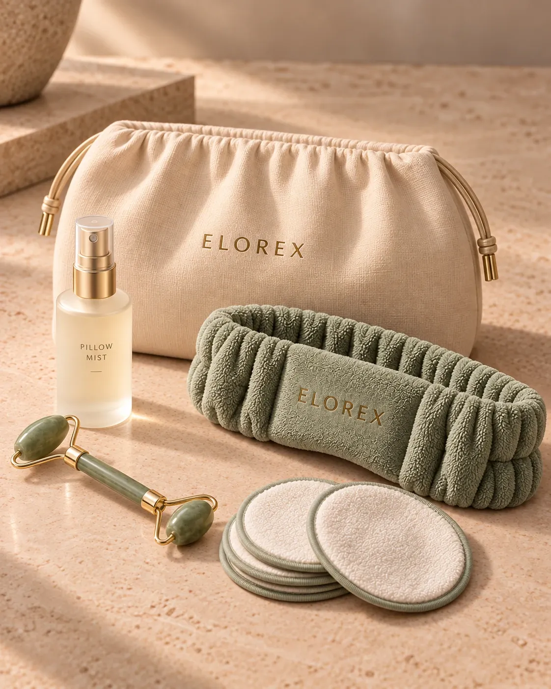 An Elorex drawstring pouch with pillow mist, a jade facial roller, a terry headband and reusable cleansing pads