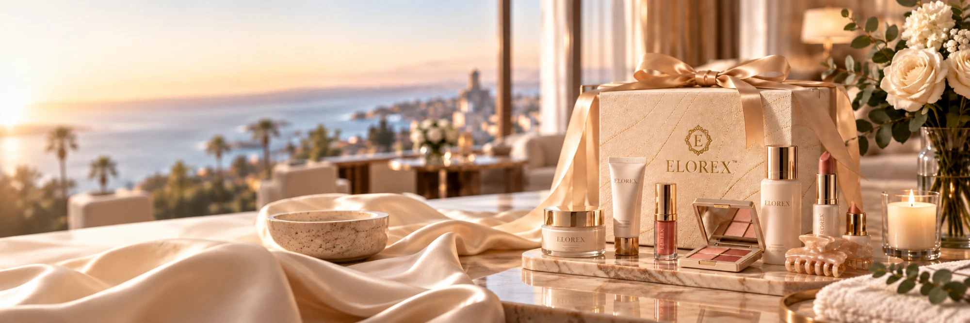 An Elorex gift box tied with a satin ribbon and cosmetics on a marble tray beside a lit candle and roses, with a sweeping ocean and sunset view to the left