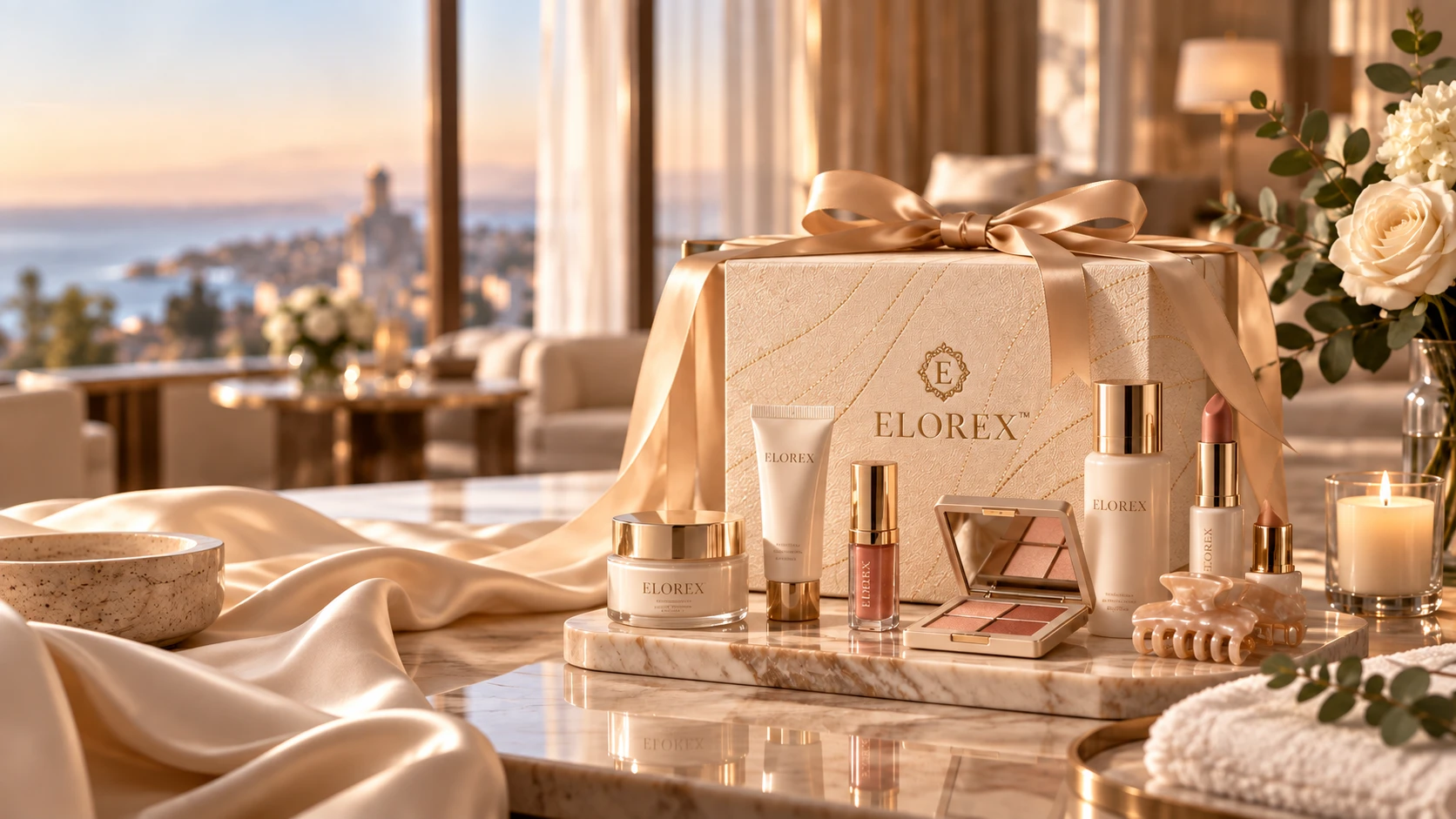 An Elorex gift box tied with a satin ribbon on a marble tray with cosmetics, beside candles and roses, in a sunlit room overlooking the coast