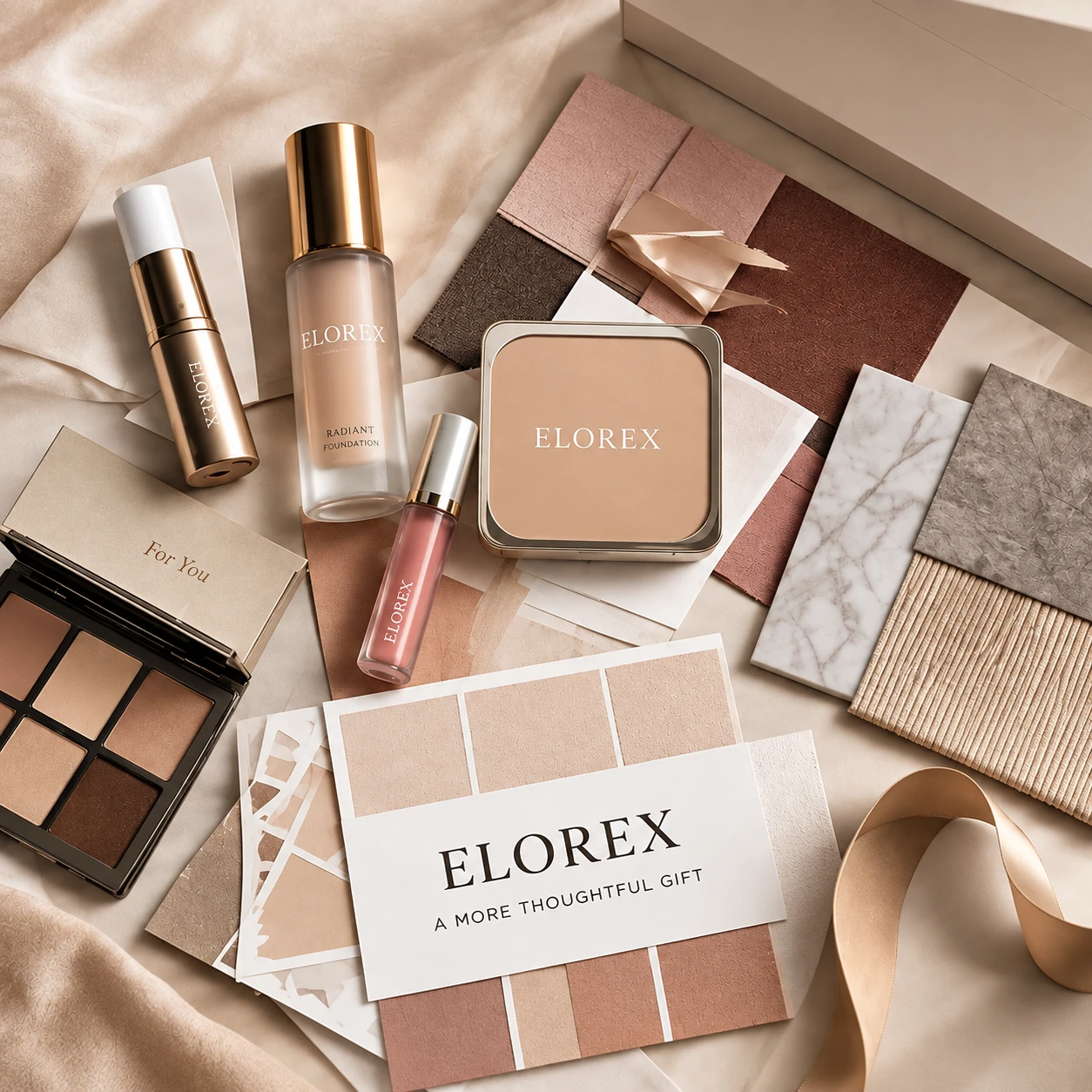 Elorex beauty products arranged with packaging material swatches, ribbon and a branded card